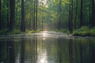 Trees reflected in calm river water.