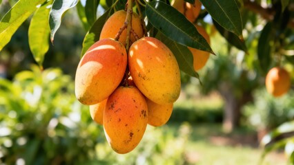 Ripe mangoes hang from a tree branch in a lush garden, bathed in sunlight.