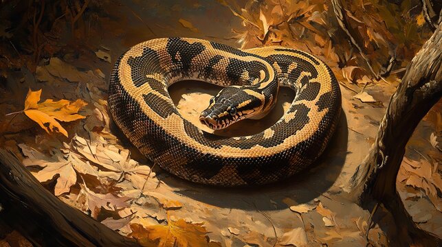 Indian rock python coiled along a dry forest floor, its patterned scales mirroring the texture of sunlit fallen leaves