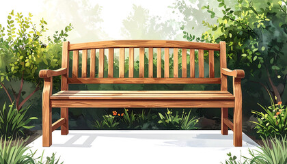 "Wooden bench in a sunlit garden surrounded by greenery and flowers, evoking peace and natural serenity."
