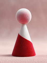 A minimalist abstract sculpture featuring a textured cone with a red and white gradient, topped by a spherical element. The background is a soft pink, enhancing the modern and artistic feel.