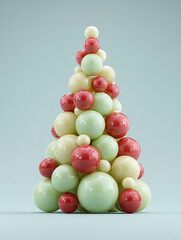 A creative arrangement of glossy, colorful spheres stacked in a conical shape, resembling a modern Christmas tree. The spheres are in shades of red, green, and cream, set against a soft blue