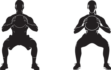 Male and female silhouettes performing medicine ball squats side by side woman exercise