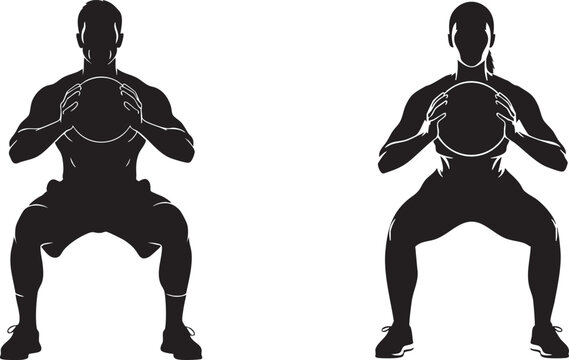 Male and female silhouettes performing medicine ball squats side by side woman exercise - Powered by Adobe