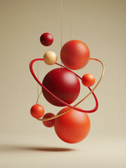 A modern abstract composition featuring a collection of colorful spheres suspended in mid-air. The spheres vary in size and color, creating a dynamic and visually engaging scene against a neutral