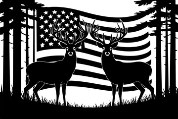 Deer Silhouette with American Flag and Forest Scene graphics
