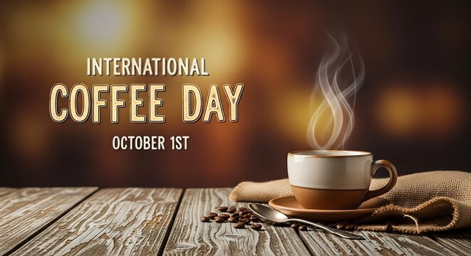 realistic, high quality, detailed, warm toned, wood table, steaming cup of coffee, International Coffee Day text, atmospheric lighting, elegant, inviting