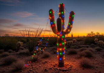 A saguaro cactus in the desert at sunset, adorned with colorful christmas lights, creating a unique holiday scene in the american southwest