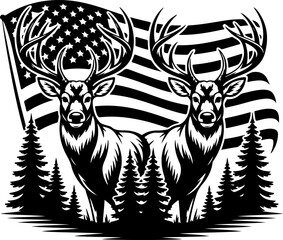 Deer Silhouette with American Flag and Forest Scene graphics
