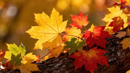 Vibrant autumn leaves of gold, crimson, and green rest gently on a textured tree branch, bathed in warm sunlight.