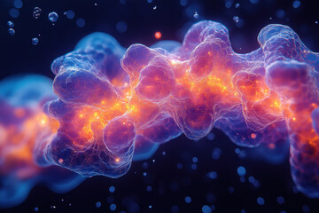 Close up of a cell with bright orange and blue structure.