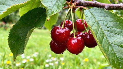 Fresh, ripe cherries hanging from a branch, glistening with water droplets, amongst lush green leaves.