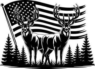Deer Silhouette with American Flag and Forest Scene graphics