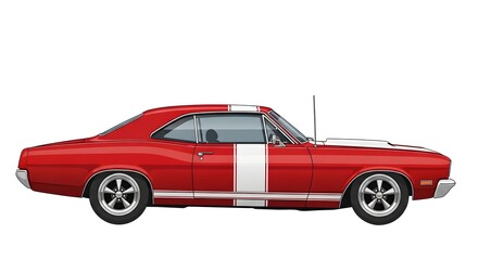 Red muscle car illustration with white racing stripe, side profile, vintage American design, powerful build, and sporty wheels on a white background for classic car and automotive enthusiast themes
