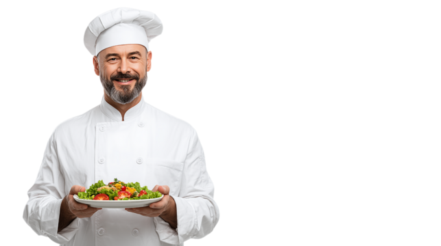 A chef is holding a plate of food, smiling and posing for a photo
