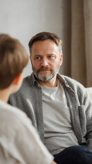Fototapeta premium Father and son sitting in therapy room during session