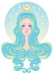 Cute teen girl with closed eyes and long hair. Mix of art nouveau and kawaii gothic style. Hipster, pastel goth, vibrant colors isolated. Vector illustration. Sticker, patch, poster graphic design.