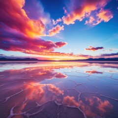 Vivid sunset clouds reflecting on cracked salt flats reflection