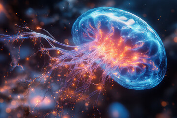 Blue jelly with orange and yellow tentacles.