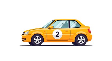 Fototapeta premium Bright yellow compact race car illustration with number 2 on the door, sporty design, side profile, modern wheels, and aerodynamic shape on a white background for racing and automotive concepts