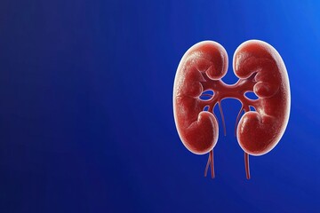 Anatomical Model Rendering of Two Kidneys Connected on a Blue Background