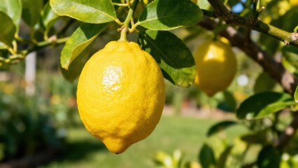 Ripe lemons hang from a tree branch, bathed in sunlight, showcasing vibrant yellow citrus fruits against a blurred green garden background.