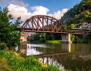 Obraz premium Rusty metal railroad bridge over a river