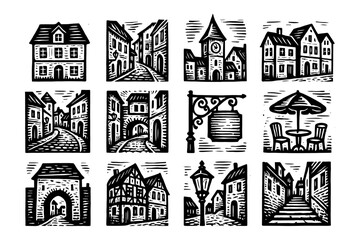 Fototapeta premium Charming european village scenes in woodcut style: streets and architecture