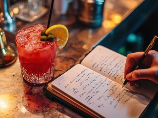 Cocktail at the bar and hand writing in a notebook with pen