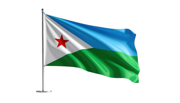 A digital rendering of the Djiboutian flag, waving gracefully against a black background, showcasing vibrant blue, white, and green colors.