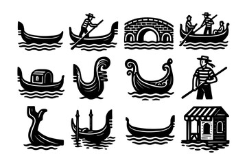 Venetian icons: gondolas, gondoliers, and bridges in vintage black and white design