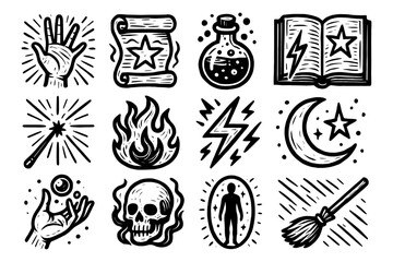 Mystical hand-drawn magic icons: wand, potion, skull, and more