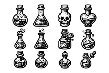 Hand drawn vintage potion bottles collection with unique shapes and magical details