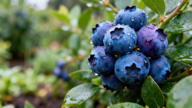 view of a cluster of fresh blueberries covered in water droplets, growing on a leafy bush.