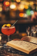 Elegant cocktail with lemon and cherries served with a recipe book