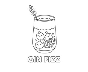 Gin Fizz Cocktail Line Art with Ice Cubes and Citrus Slice. Black and white drink vector illustration. Colouring book.