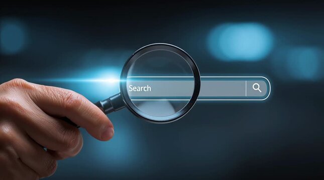 Hand Holding Magnifying Glass Over Search Bar Symbolizing Internet Research, Online Information Discovery, Digital Technology, and Modern Search Concept with Focus on Innovation and Curiosity