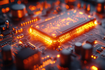Orange light emanates from a computer processor.