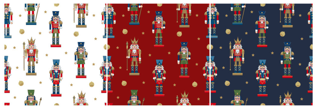 Nutcracker soldiers, stars and ornaments seamless pattern set. Christmas celebration wallpaper. Winter celebration concept.