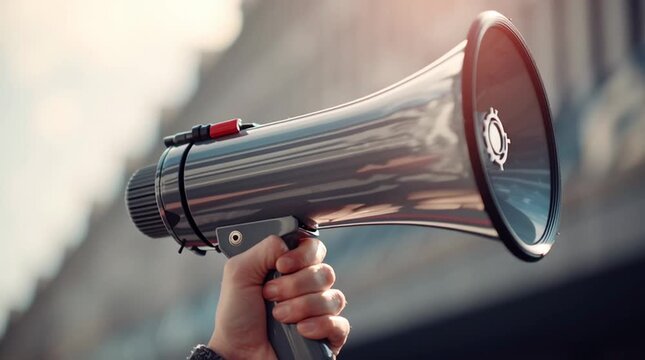 Hand Holding Megaphone Outdoor Announcement Sunlight Reflecting on Metal Communication Protest Public Speaking Motivation Activism Urban City Background Alert Message