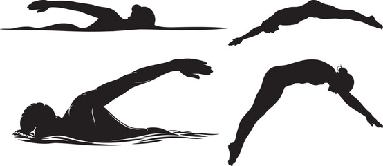 Silhouette of swimmers in various poses on background swimming water