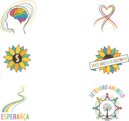 Colorful Line Art Setembro Amarelo Icons Pack: Mental Health Awareness, Hope, and Support
