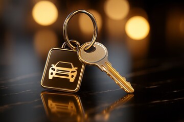 Car key with keychain featuring vehicle icon on reflective surface with blurred lights