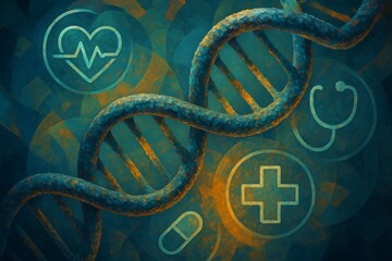 Abstract illustration of DNA strand with medical symbols and vibrant background elements
