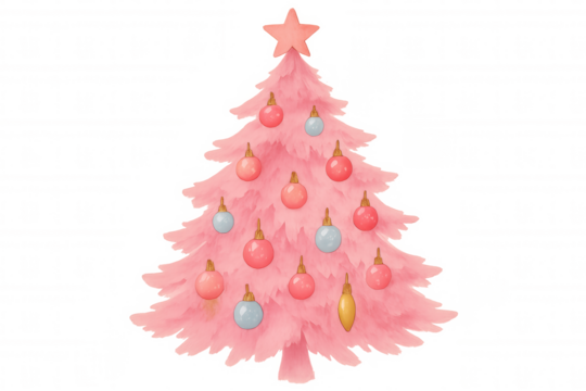 Pink watercolor christmas tree with star and ornaments, celebrating holiday season, transparent background - Powered by Adobe