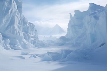 Frozen glacial formations with icy peaks and sky snow