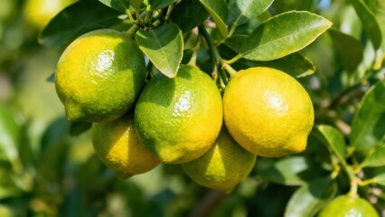 Ripe lemons hang from branches, showcasing a vibrant mix of yellow and green hues.