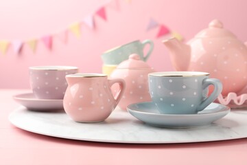 Beautiful ceramic tea set for children on wooden table against pink background with party flags,...