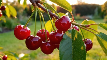 Ripe cherries hang from a branch, glistening in the sunlight of a garden setting.