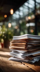 Stacks of paper on a wooden table in a bright greenhouse with soft lighting creating a tranquil atmosphere